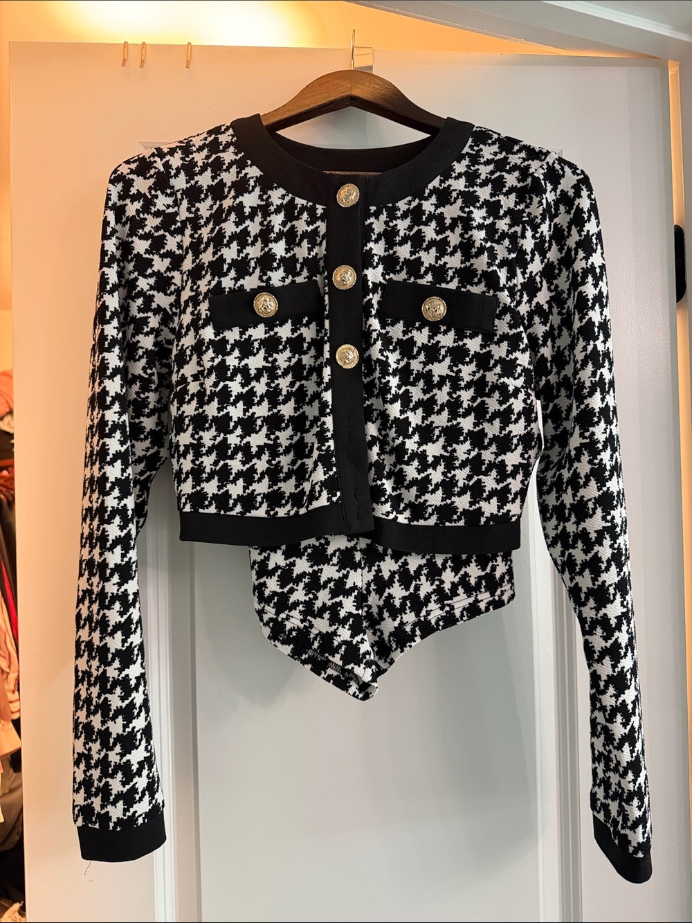 Fashion Nova Black & White Houndstooth Cropped Blazer with Gold Buttons